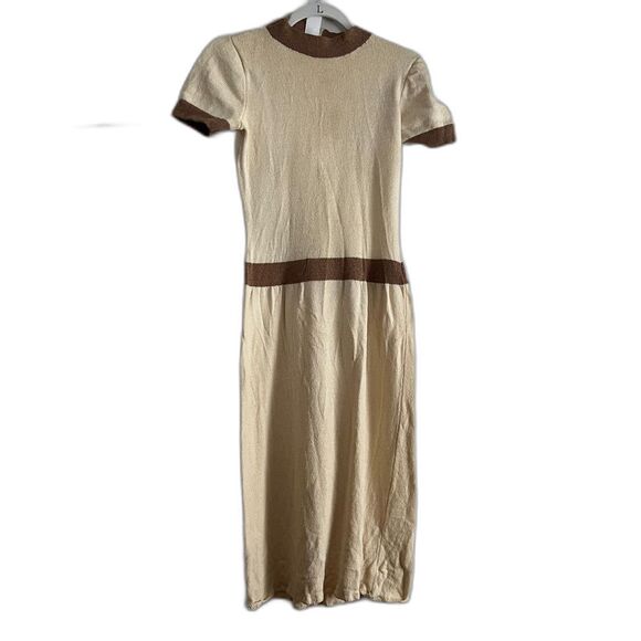 Vtg 1970s Pat Sandler Knit Set - dress & cardigan cream brown gold buttons S/M - Picture 5 of 12